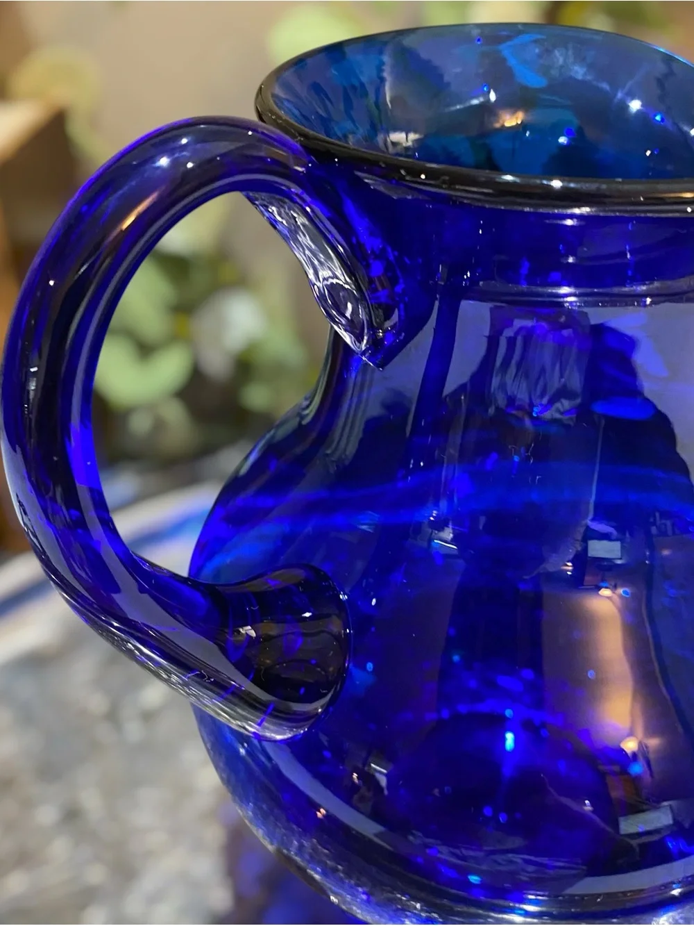 Vintage Signed Blenko Cobalt Blue Pitcher Art Glass Hand Blown Water Iced Tea